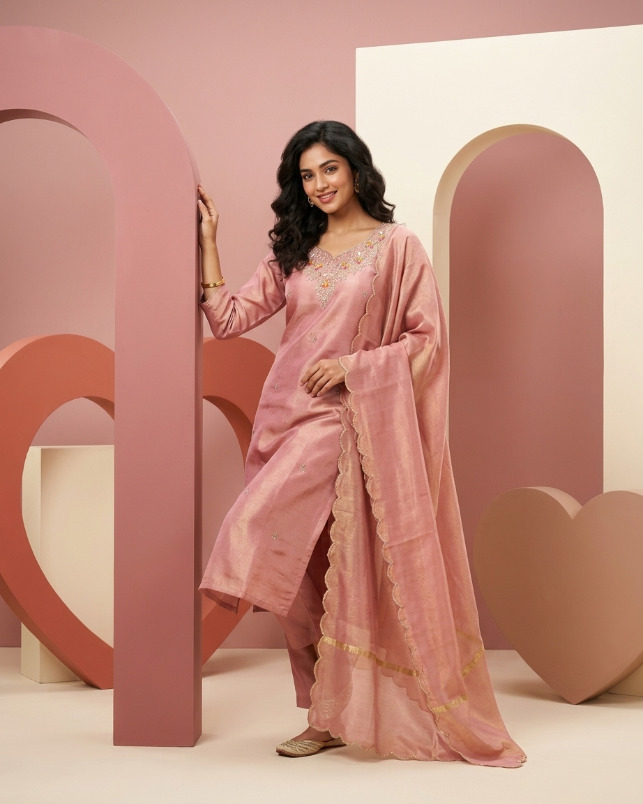 Rose Pink Tissue Handwork Suit