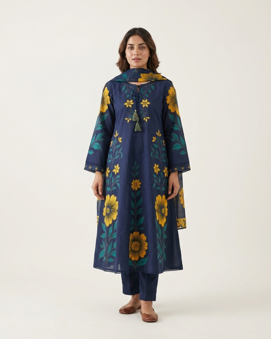 Navy Blue Sunflower Print Cotton A-Line Suit