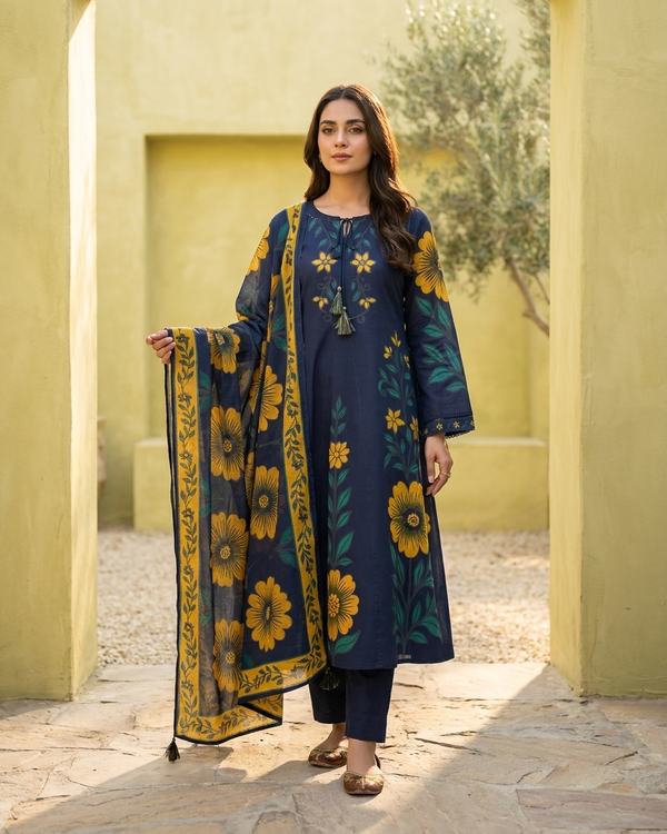 Navy Blue Sunflower Print Cotton A-Line Suit