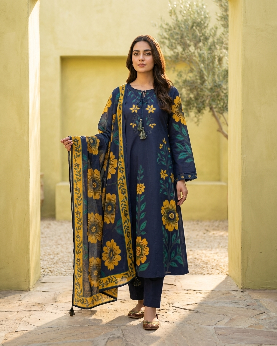 Navy Blue Sunflower Print Cotton A-Line Suit