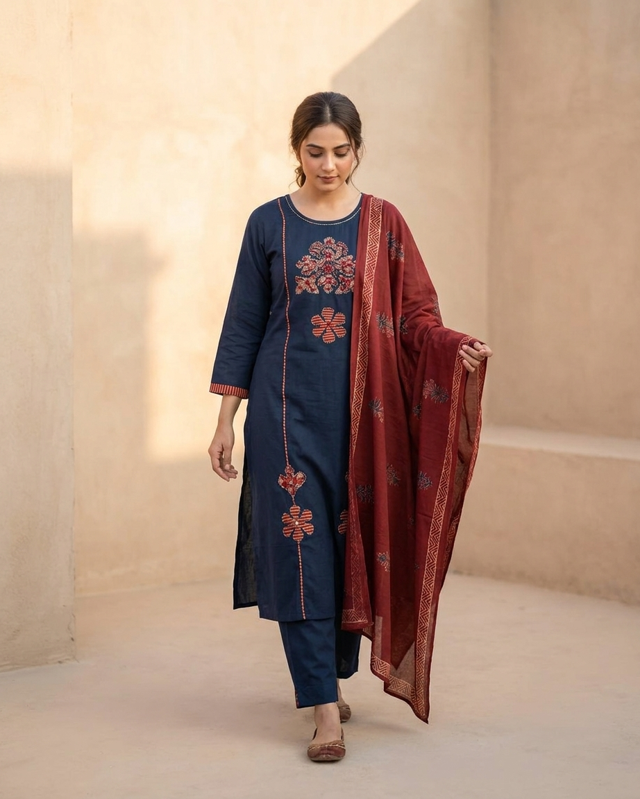 Navy Blue Embroidered Pure Cotton Suit Set