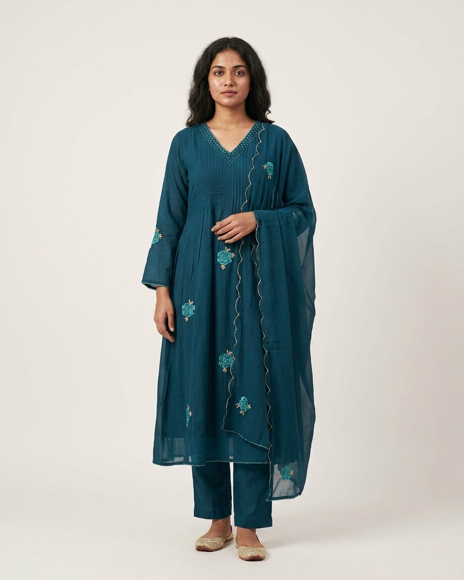 Teal Blue Mal Chanderi A-Line Suit
