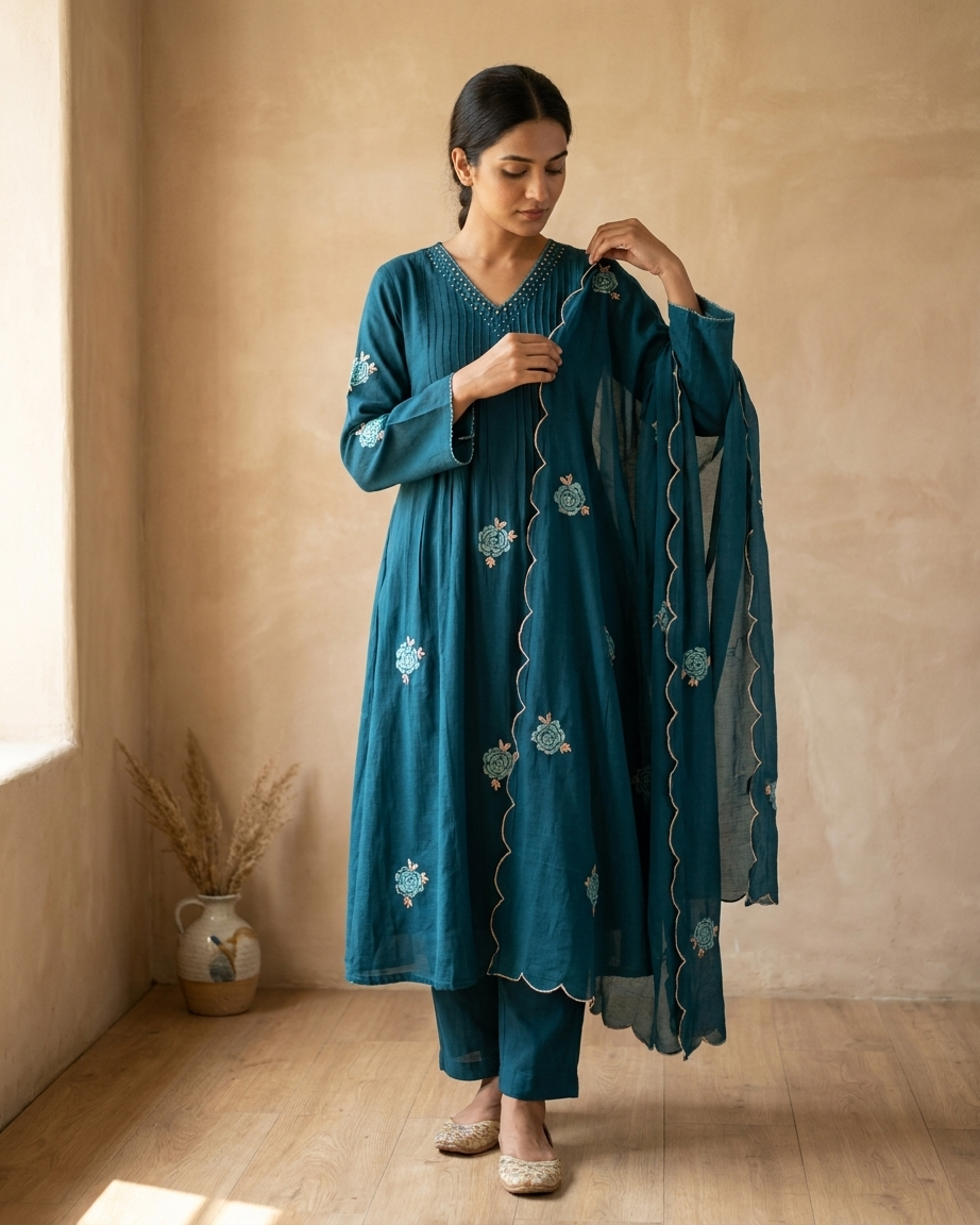 Teal Blue Mal Chanderi A-Line Suit