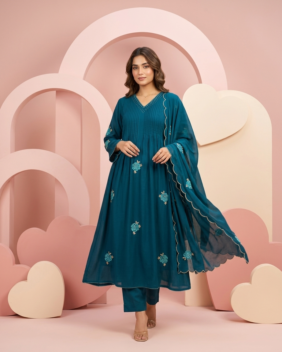 Teal Blue Mal Chanderi A-Line Suit