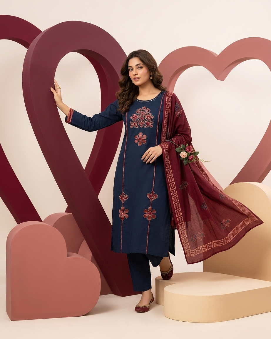 Navy Blue Embroidered Pure Cotton Suit Set