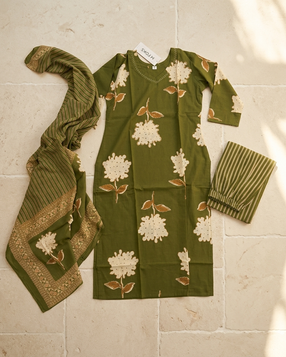Olive Green Floral Print Cotton Suit