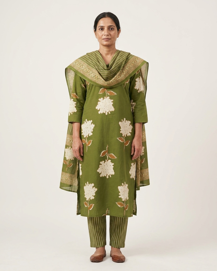 Olive Green Floral Print Cotton Suit