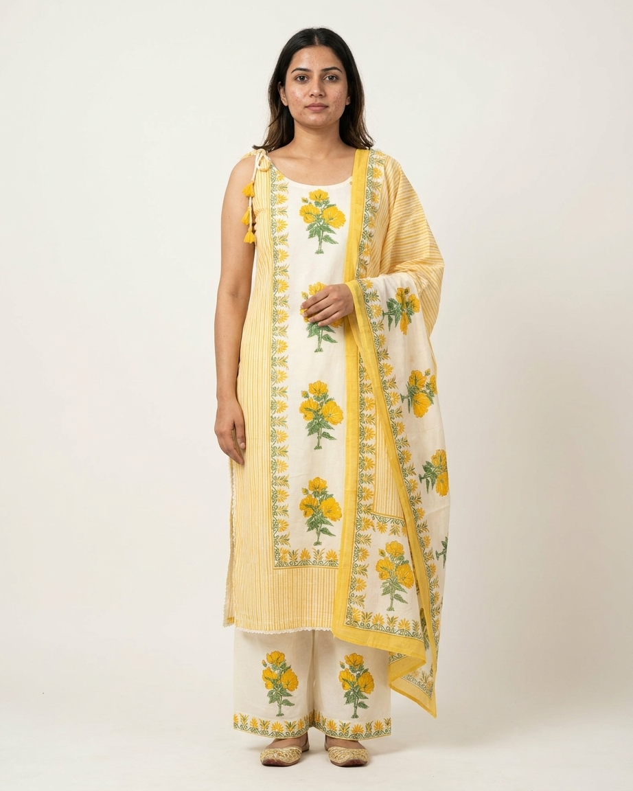 Yellow Mal Cotton Sleeveless Suit Set with Dupatta