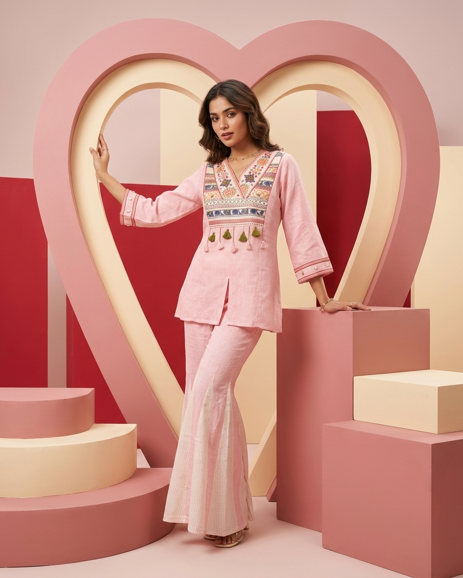 Pink Linen Cotton Embroidered Co-Ord Set with Tassel Detail