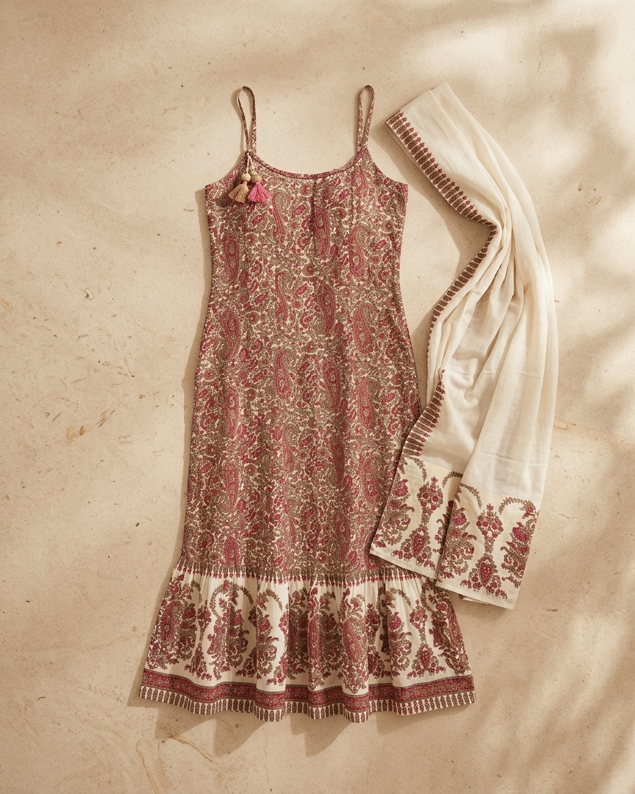 Cotton Sleeveless Printed Suit Set with Dupatta – Ivory & Maroon