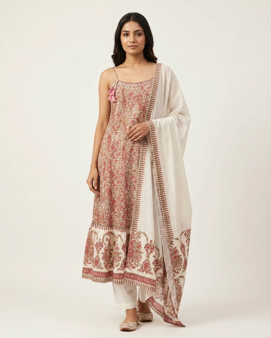 Cotton Sleeveless Printed Suit Set with Dupatta – Ivory & Maroon