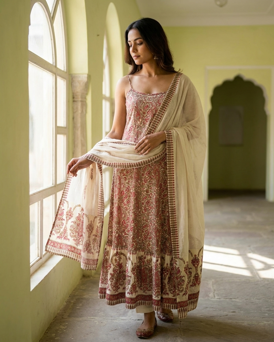 Cotton Sleeveless Printed Suit Set with Dupatta – Ivory & Maroon