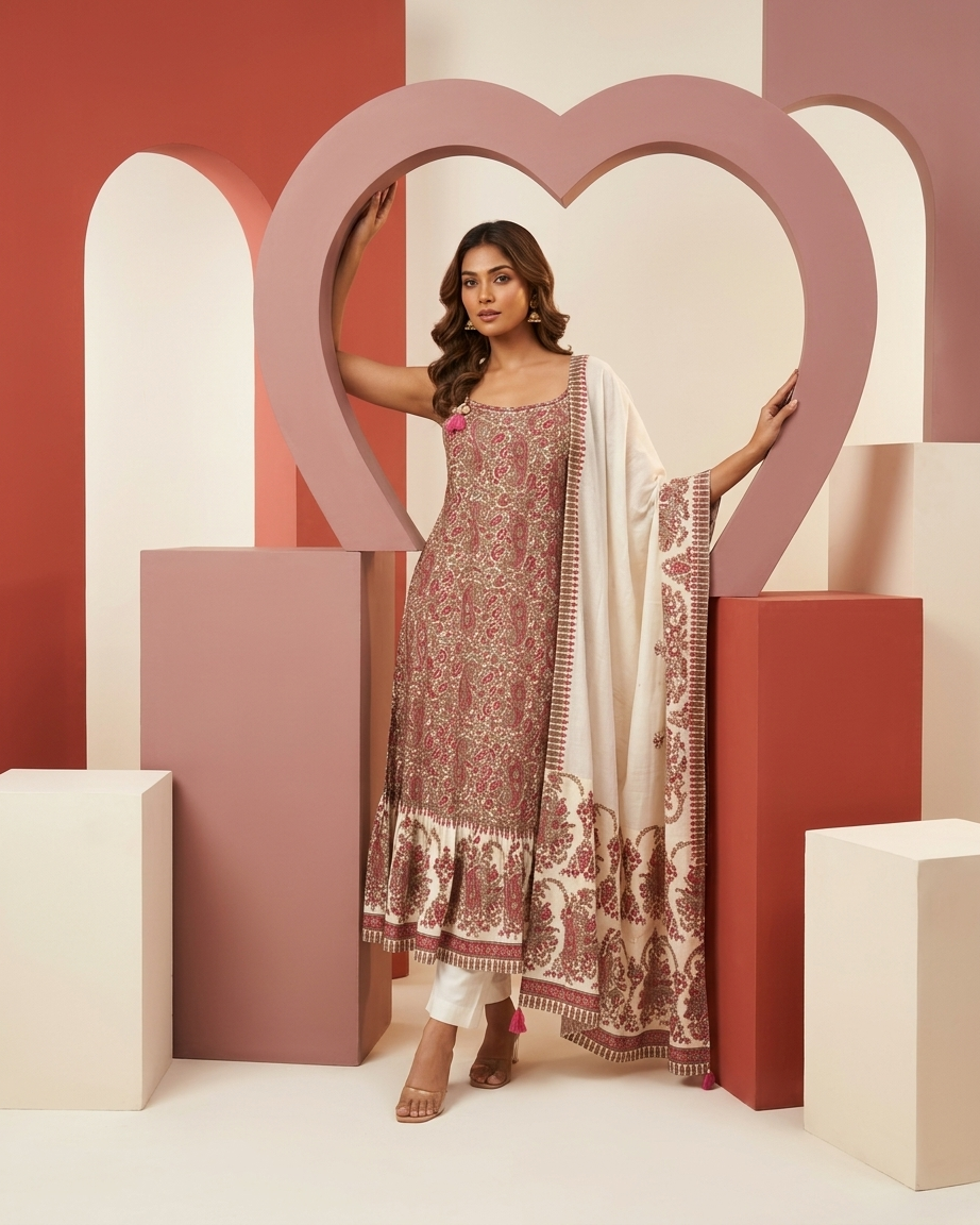 Cotton Sleeveless Printed Suit Set with Dupatta – Ivory & Maroon