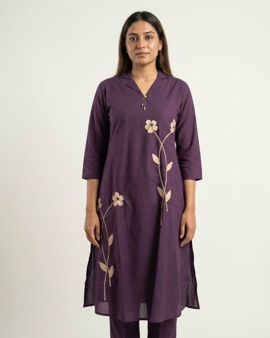 Pure Cotton Floral Appliqué Co-Ord Set – Deep Purple