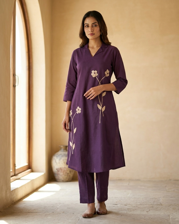 Pure Cotton Floral Appliqué Co-Ord Set – Deep Purple