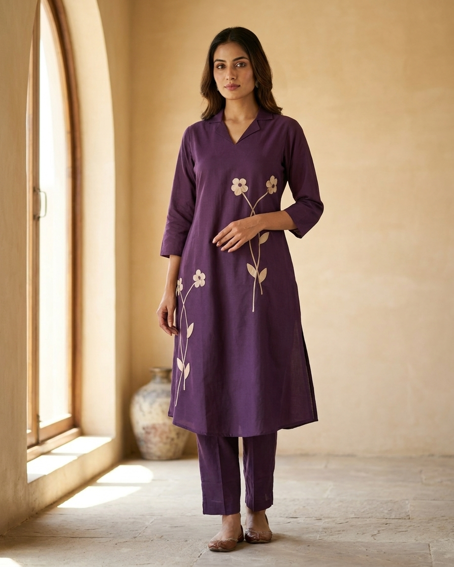 Pure Cotton Floral Appliqué Co-Ord Set – Deep Purple