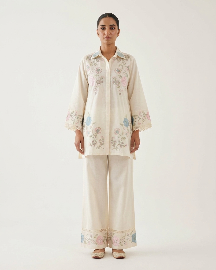 Pure Mal Cotton Thread Work Co-Ord Set – Ivory Floral Embroidered