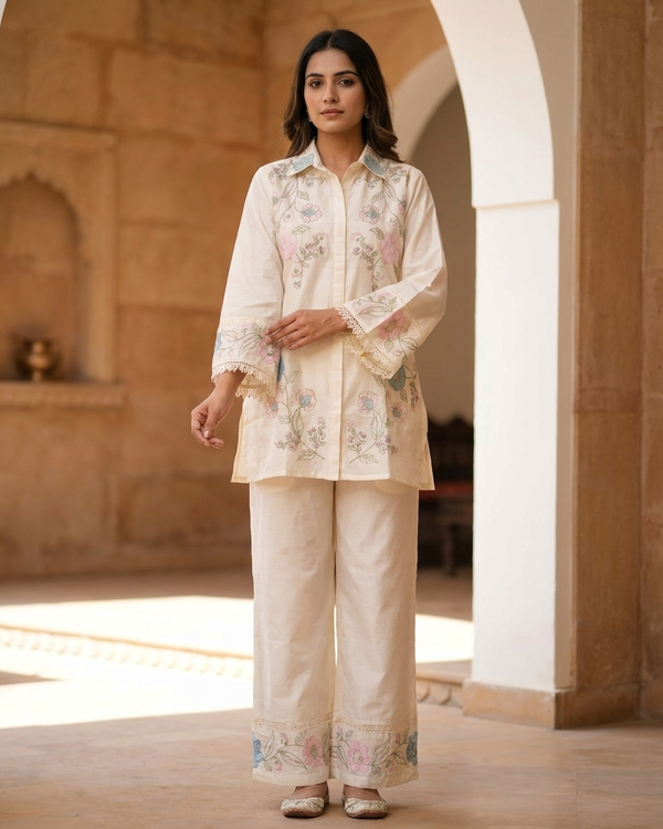 Pure Mal Cotton Thread Work Co-Ord Set – Ivory Floral Embroidered