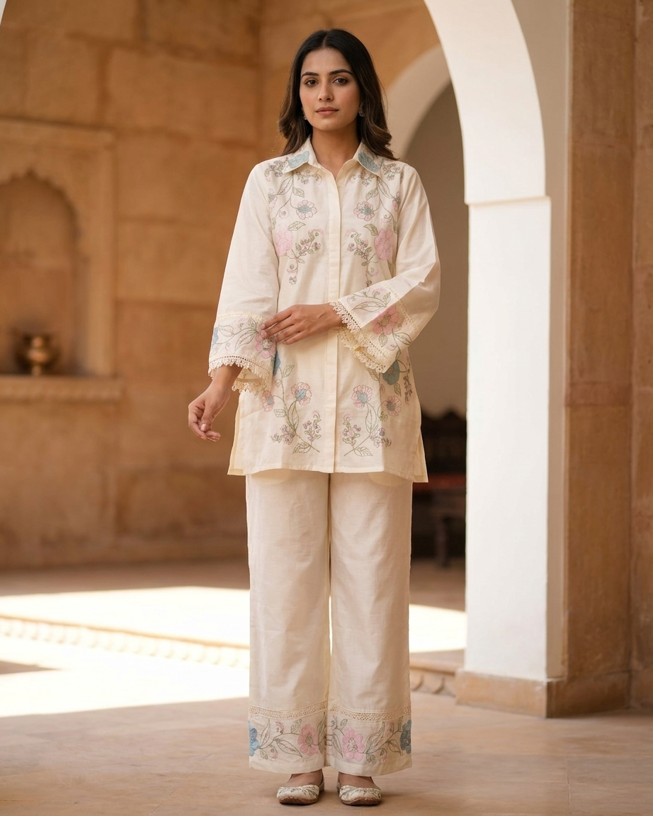 Pure Mal Cotton Thread Work Co-Ord Set – Ivory Floral Embroidered