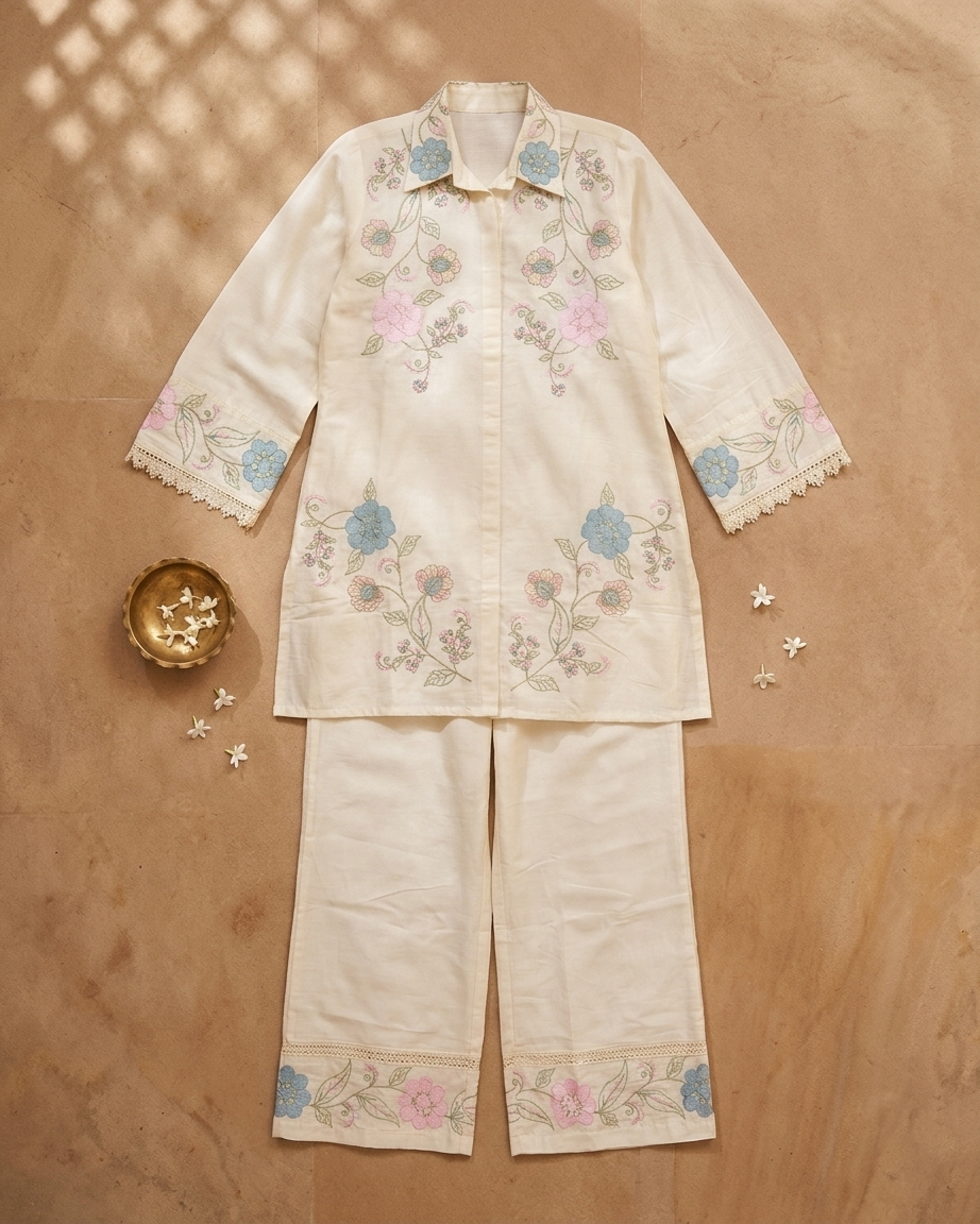 Pure Mal Cotton Thread Work Co-Ord Set – Ivory Floral Embroidered