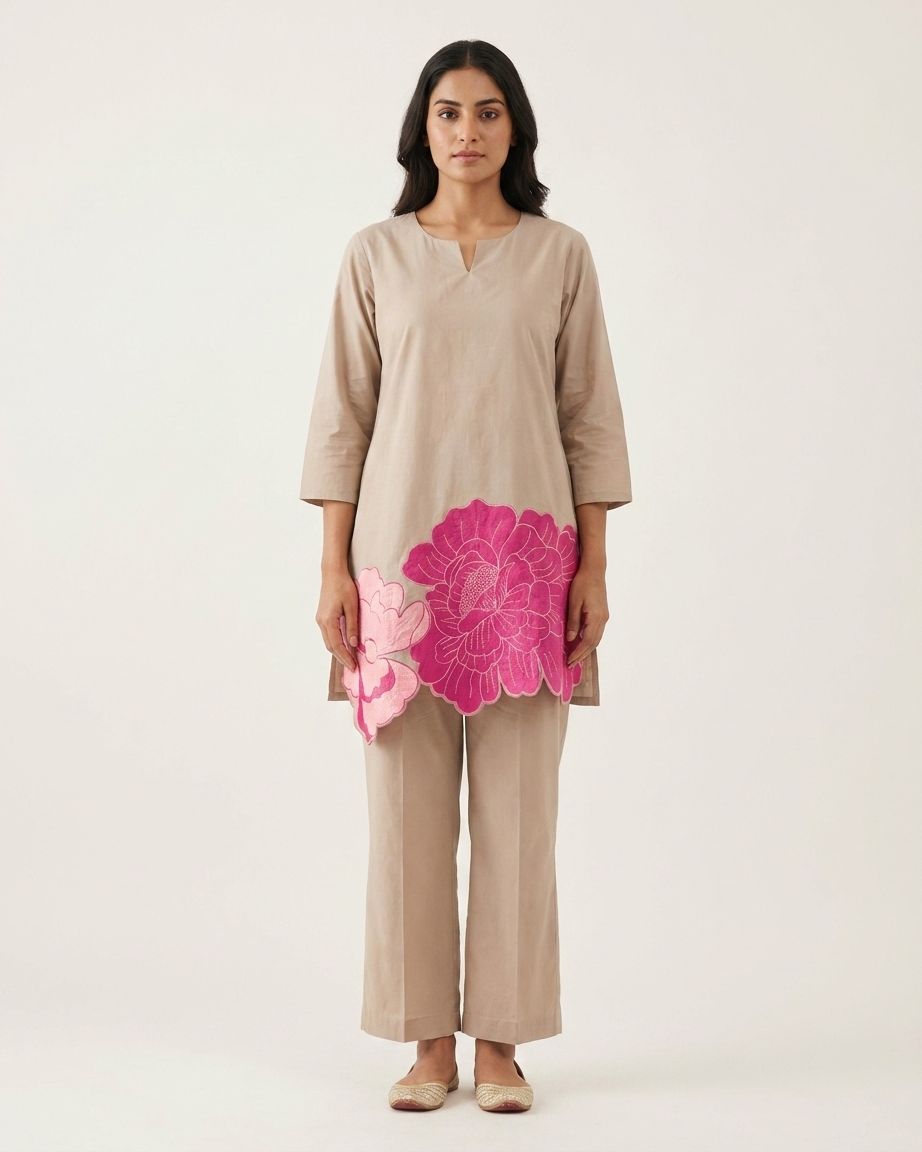 Beige Stretch Cotton Floral Appliqué Co-Ord Set