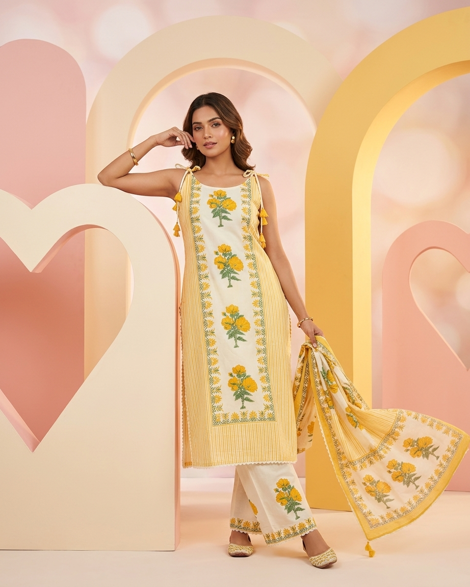 Yellow Mal Cotton Sleeveless Suit Set with Dupatta