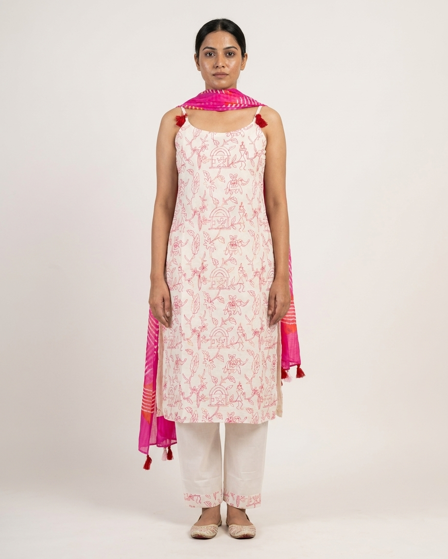 Premium Mal Cotton Sleeveless Thread Work Kurta Set with Leheriya Contrast Dupatta