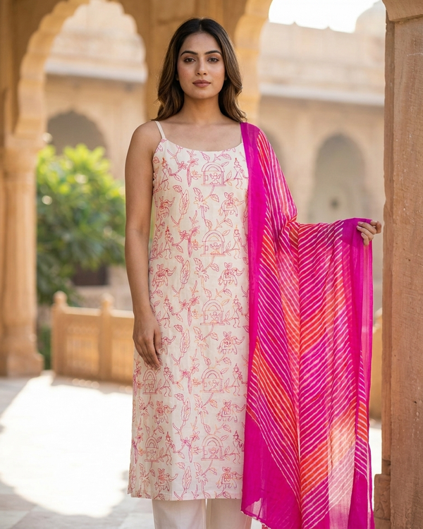 Premium Mal Cotton Sleeveless Thread Work Kurta Set with Leheriya Contrast Dupatta