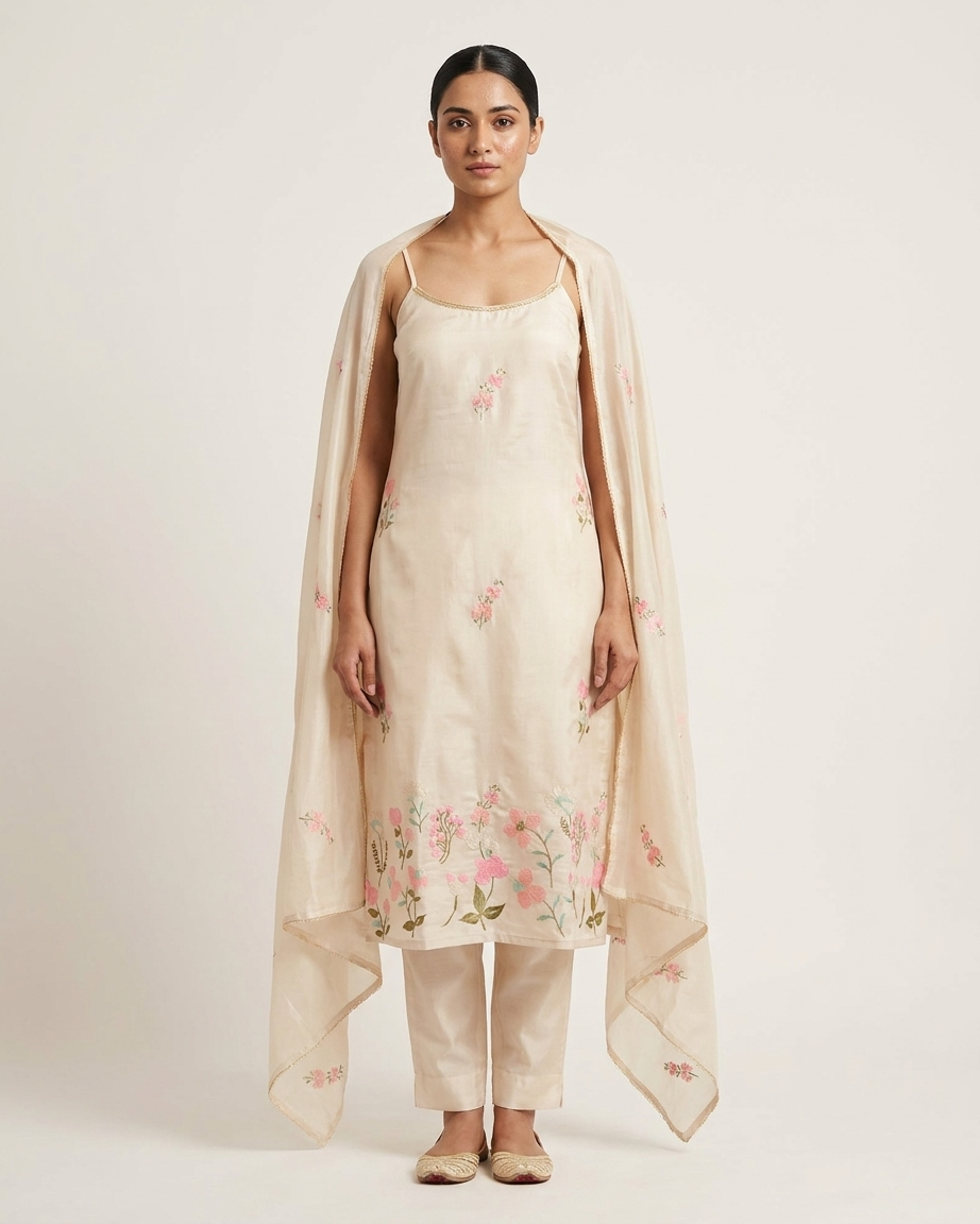 Mfoks Malchanderi Floral Thread Embroidered Kurta Set with Dupatta