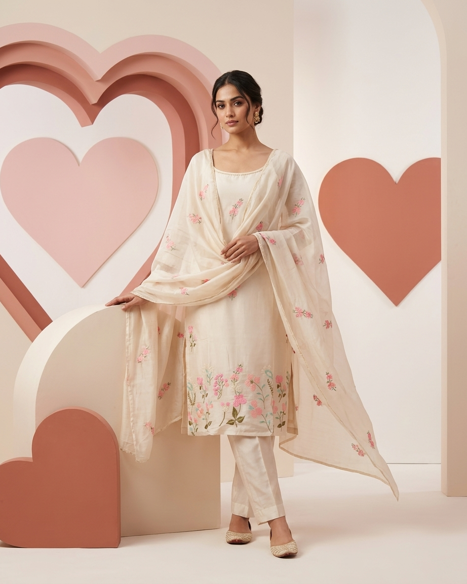 Mfoks Malchanderi Floral Thread Embroidered Kurta Set with Dupatta