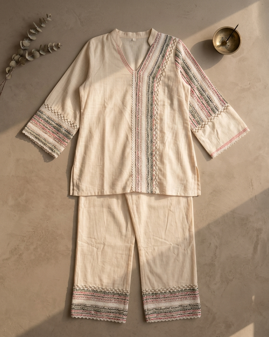 Premium Mal Cotton Designer Co-Ord Set – Beige Woven Lace Detail