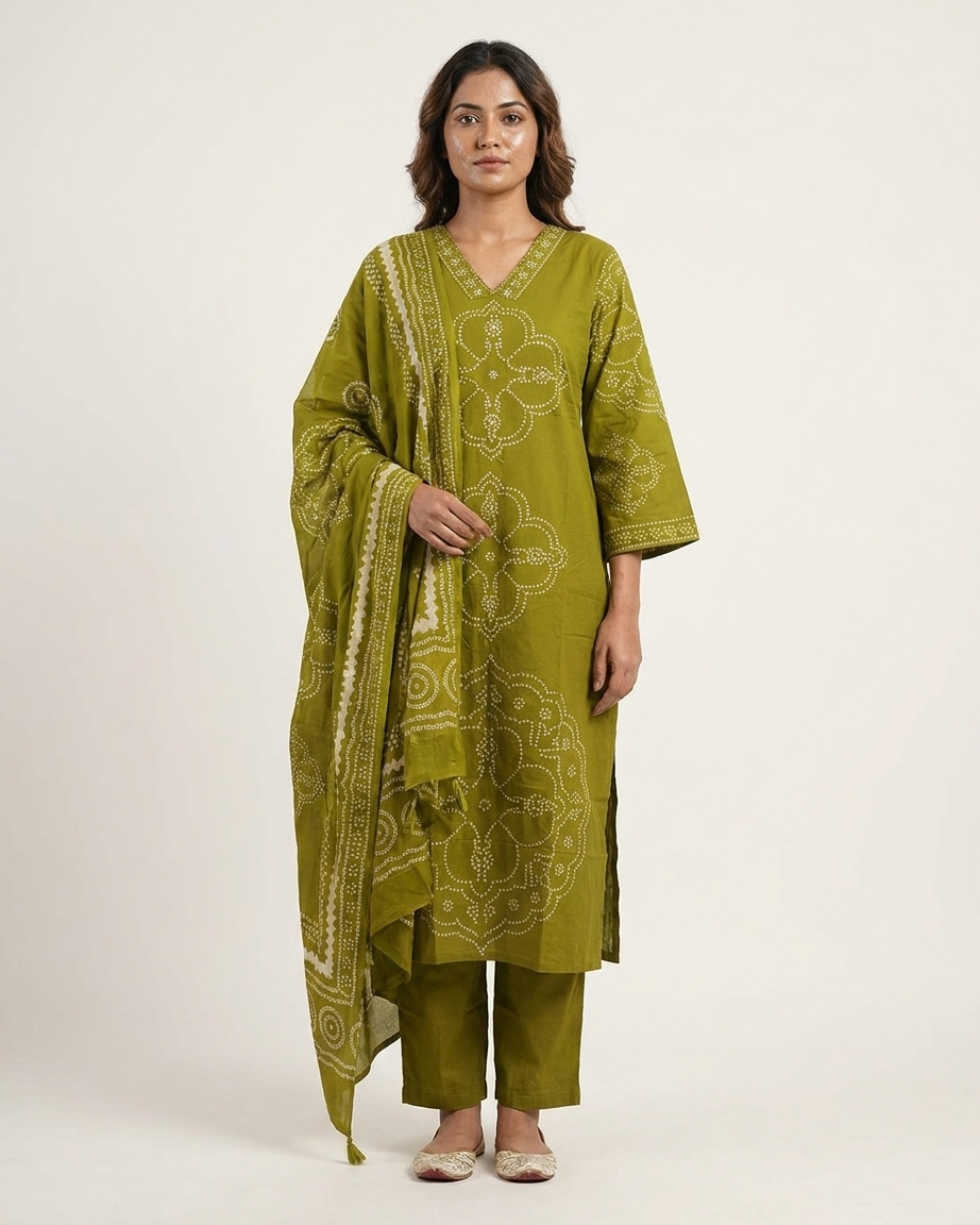 Pure Cotton Suit Set with Minimal Beads Work on Neckline | Lime Green Ethnic Wear
