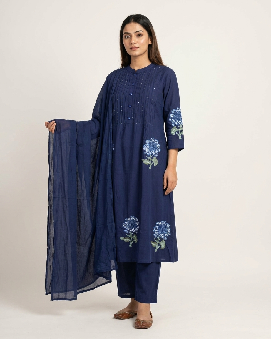 Pure Cotton A-Line Suit Set with Floral Embroidery | Navy Blue Ethnic Wear