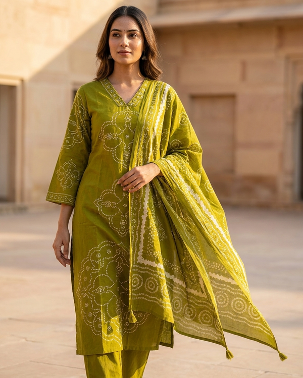 Pure Cotton Suit Set with Minimal Beads Work on Neckline | Lime Green Ethnic Wear