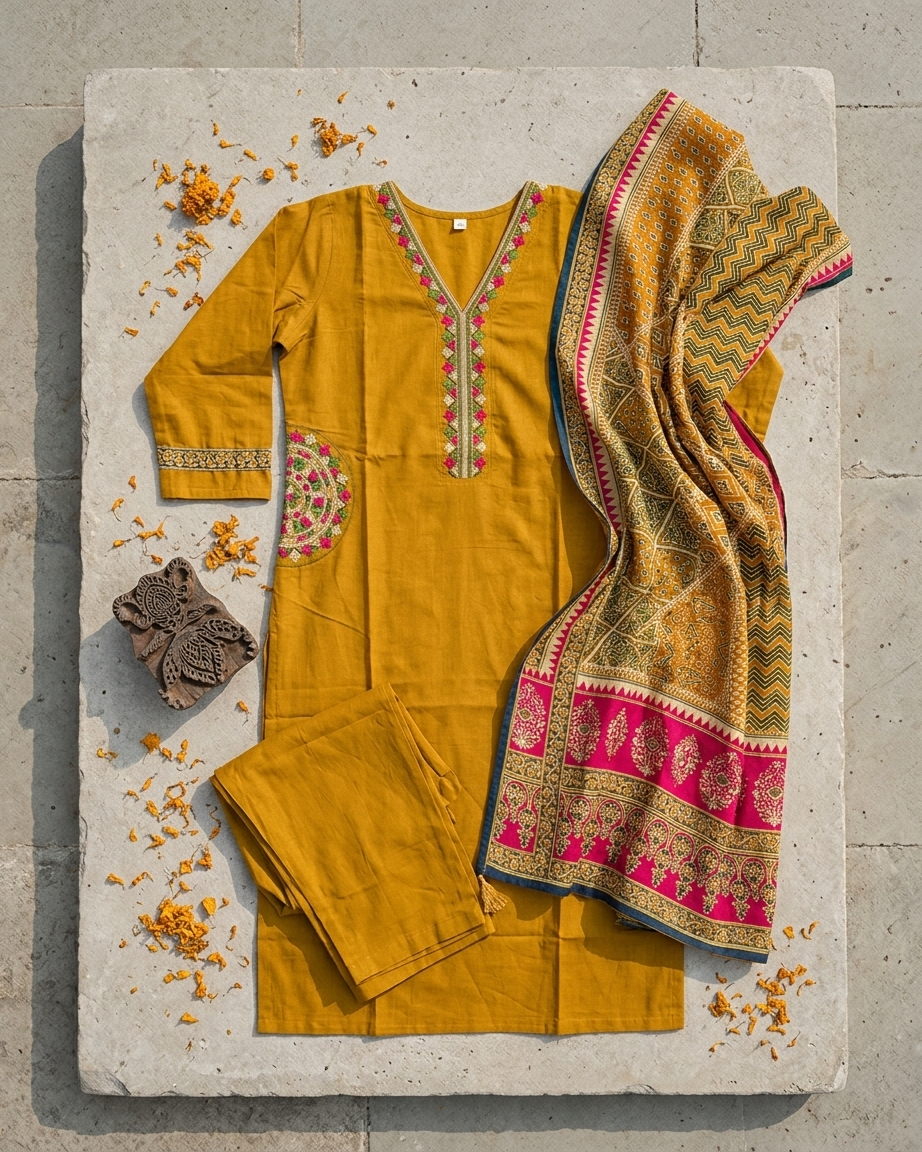 Pure Cotton Suit Set with Thread Embroidery & Side Pocket Detail | Mustard Yellow