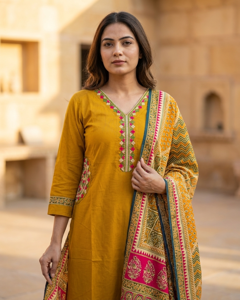 Pure Cotton Suit Set with Thread Embroidery & Side Pocket Detail | Mustard Yellow