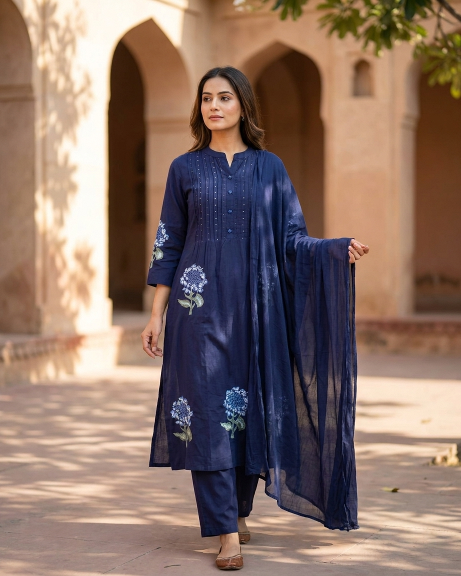 Pure Cotton A-Line Suit Set with Floral Embroidery | Navy Blue Ethnic Wear