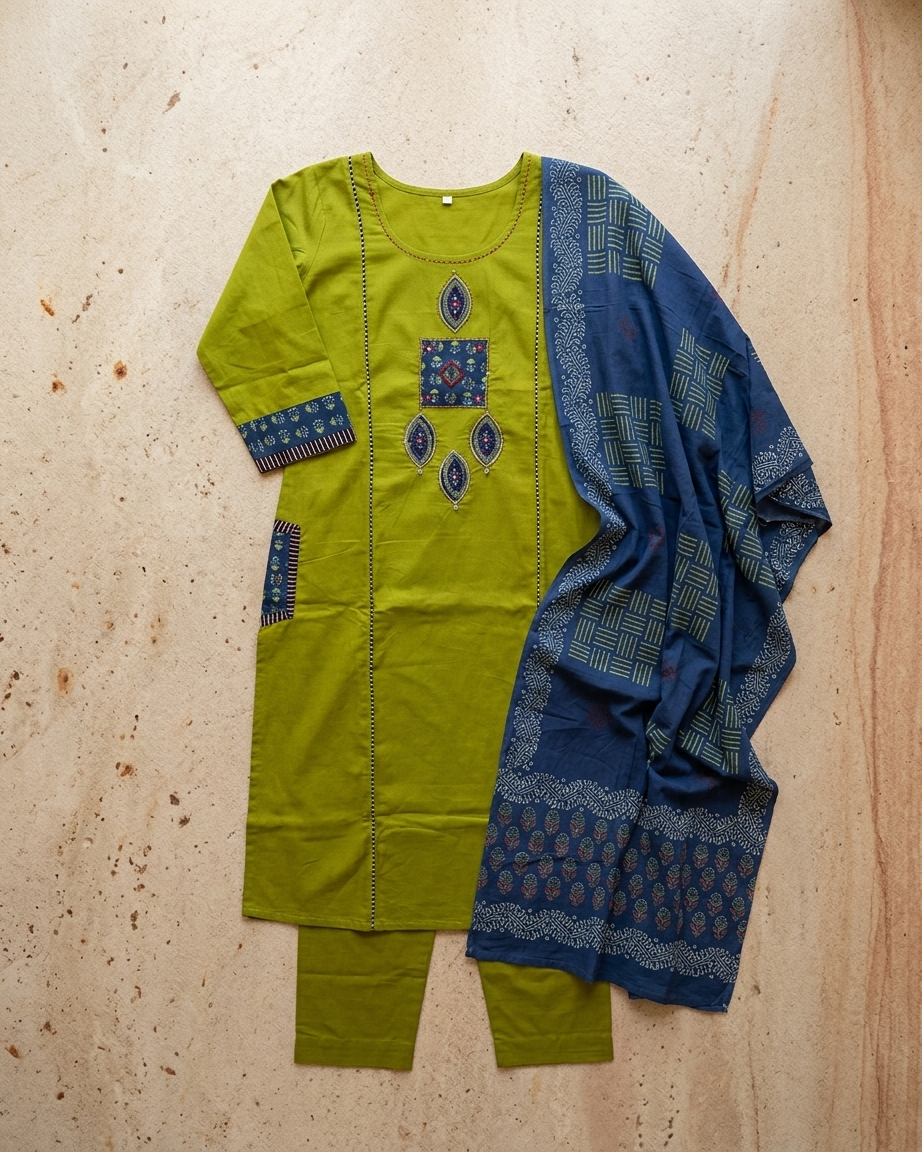 Pure Cotton Suit Set with Indigo Block Print Dupatta | Lime Green & Navy Blue