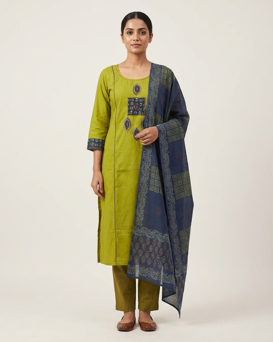 Pure Cotton Suit Set with Indigo Block Print Dupatta | Lime Green & Navy Blue