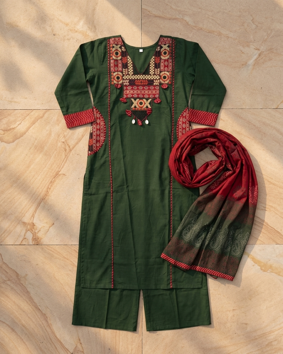 Pure Cotton Suit Set with Thread Work & Embroidered Pockets - Green