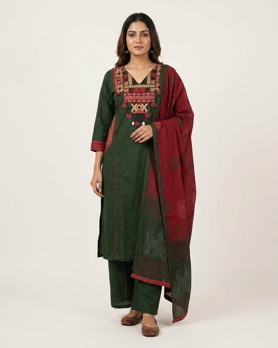 Pure Cotton Suit Set with Thread Work & Embroidered Pockets - Green
