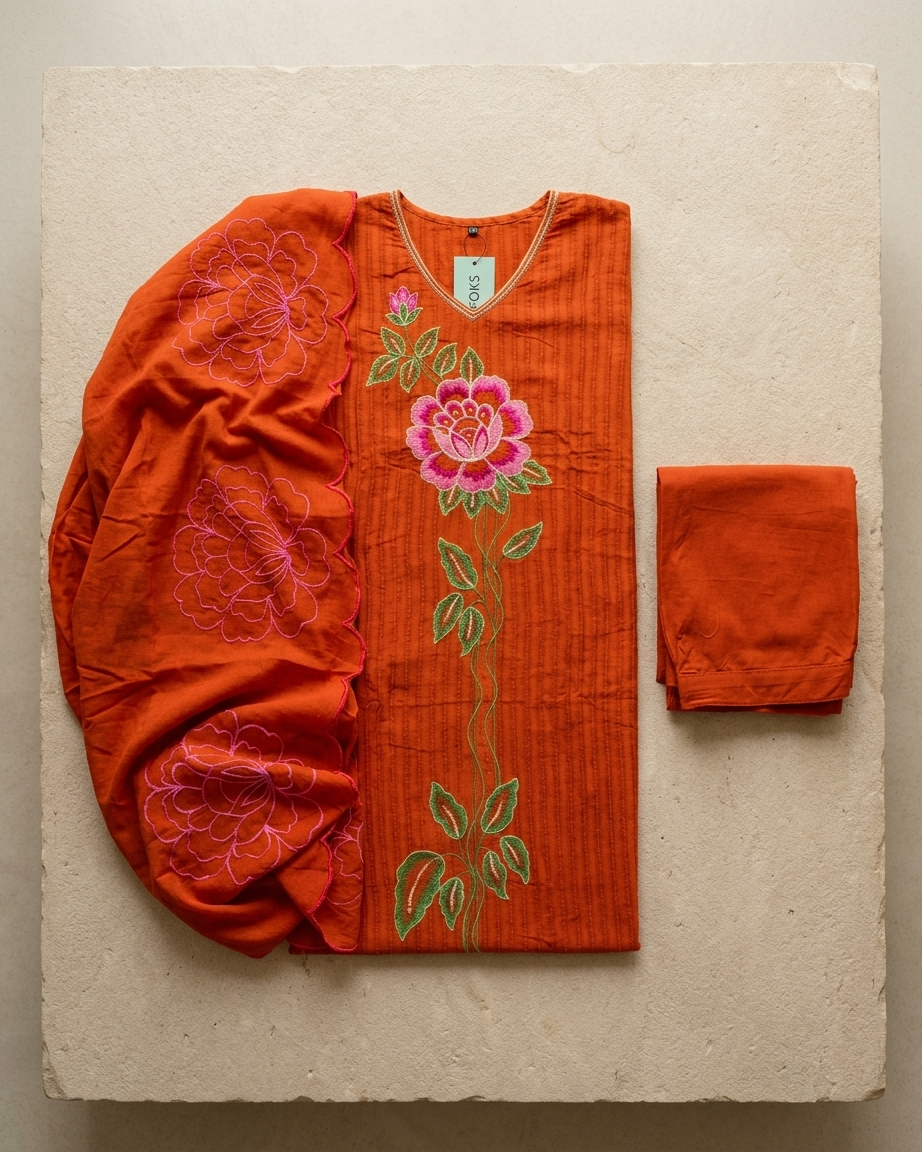 Pure Cotton Knitted Pattern Fabric with Floral Thread Work | Orange Ethnic Wear Suit Set