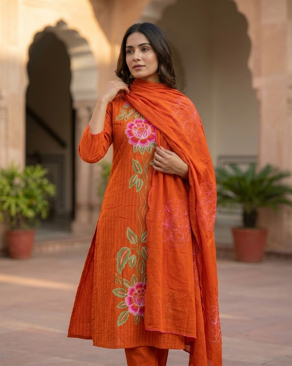 Pure Cotton Knitted Pattern Fabric with Floral Thread Work | Orange Ethnic Wear Suit Set