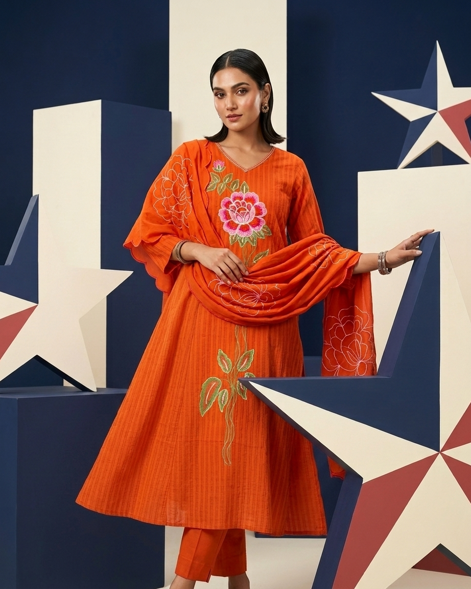 Pure Cotton Knitted Pattern Fabric with Floral Thread Work | Orange Ethnic Wear Suit Set