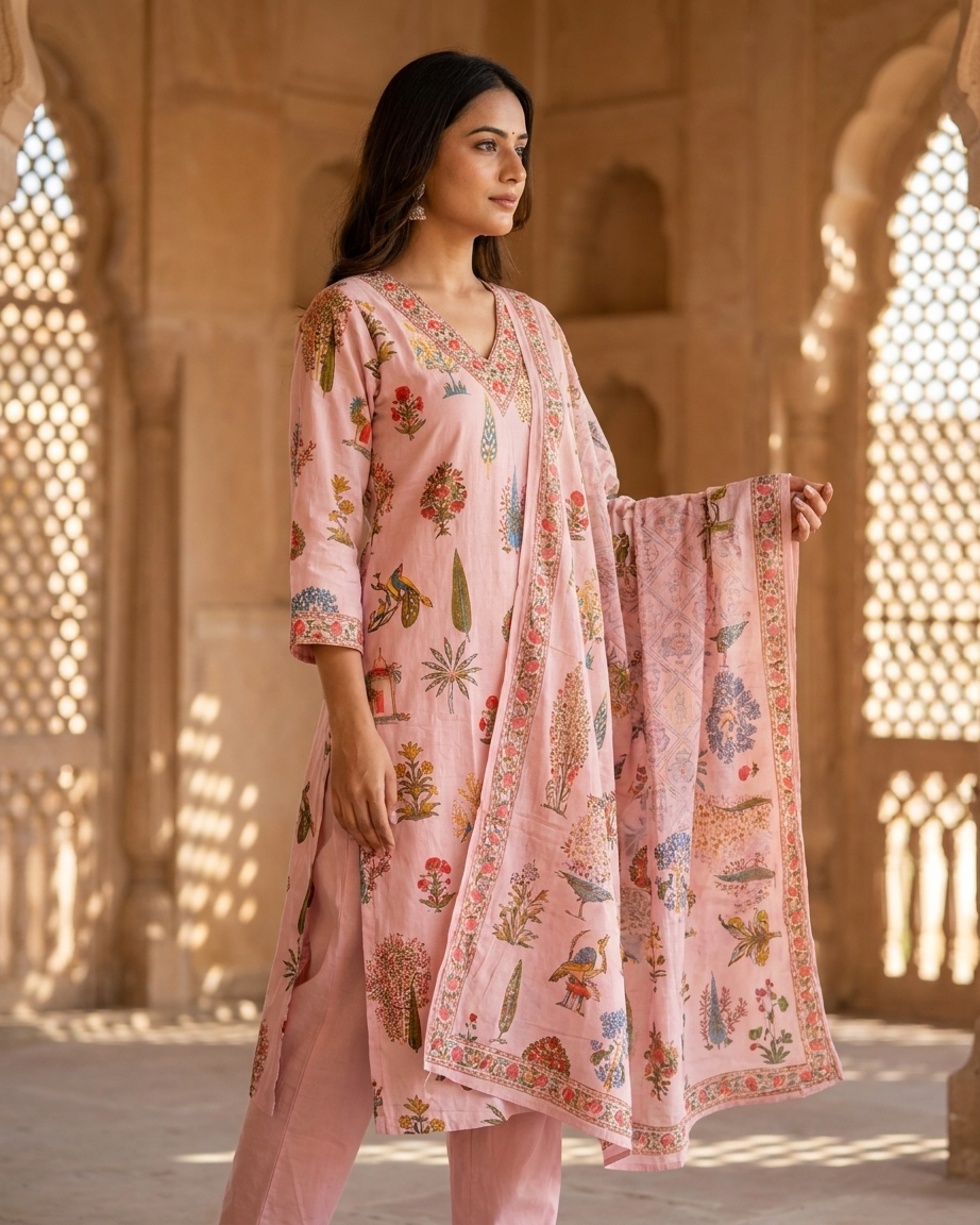 Pure Cotton Block Printed Suit Set | Traditional Floral & Botanical Motifs | Pink