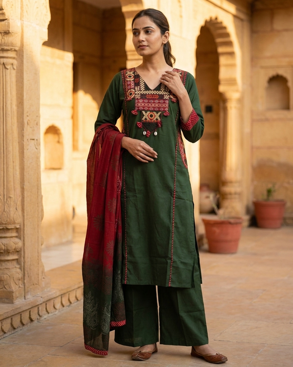Pure Cotton Suit Set with Thread Work & Embroidered Pockets - Green