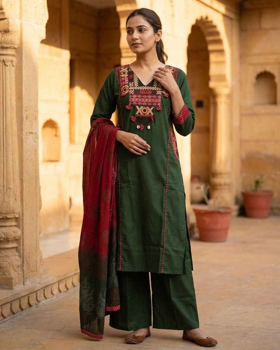 Pure Cotton Suit Set with Thread Work & Embroidered Pockets - Green