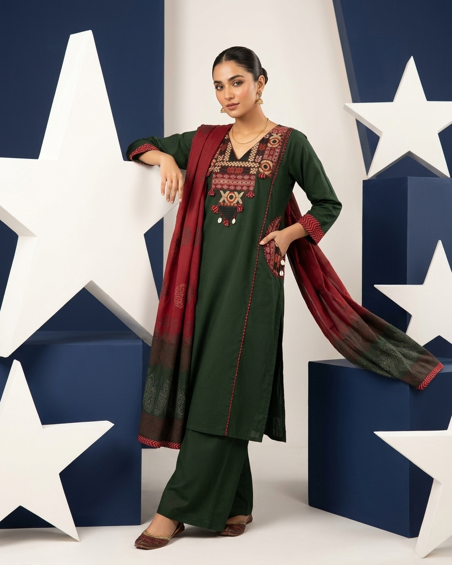 Pure Cotton Suit Set with Thread Work & Embroidered Pockets - Green