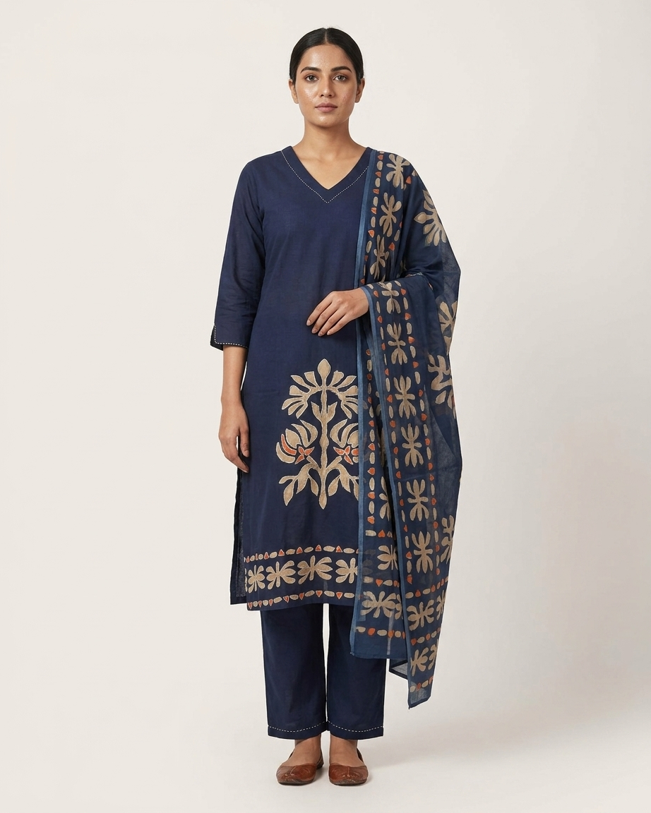 Pure Cotton Navy Blue Suit Set with Appliqué Pattern | Contemporary Ethnic Wear