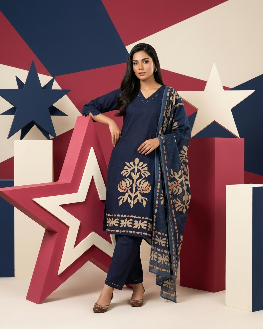 Pure Cotton Navy Blue Suit Set with Appliqué Pattern | Contemporary Ethnic Wear